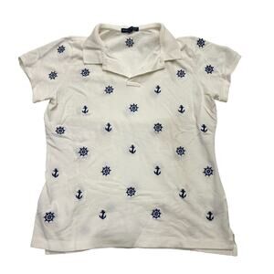 Ralph Lauren Nautical Polo Shirt Womens Large White Navy Embroidered Anchors